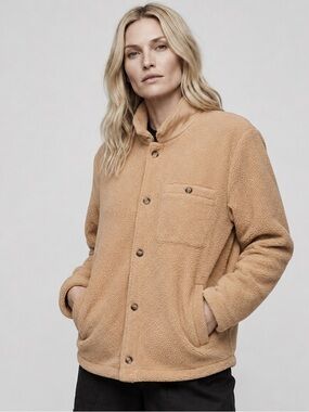 QUINCE WOMEN’S CAMEL SHERPA FLEECE TEDDY BUTTON-UP SHIRT BARN JACKET SZ LG